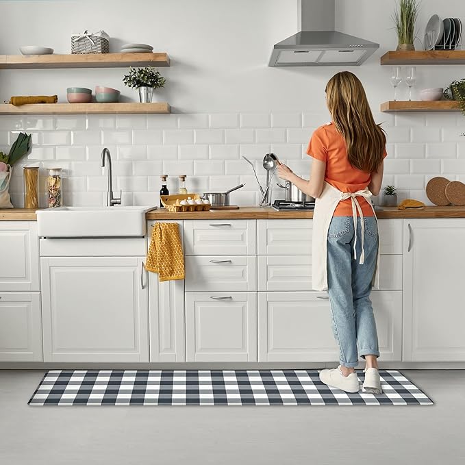 Anti Fatigue Kitchen Rugs Farmhouse Kitchen Mats for Floor,Cushioned Non-Slip Ergonomic Comfort Rug Standing Mat for Kitchen,Doing Dishes,Floor,Home,Office,Laundry,Plaid Black,17.3"x60"
