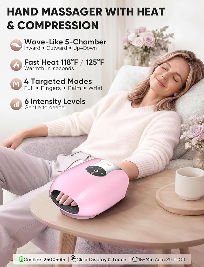 Hand Massager with Heat and Compression : Cordless Heated Hand and Wrist Massager for Palm, Fingers, and Comfort Relief – 4 Modes 6 Intensities, Portable Rechargeable, Wife Husband (Pink)