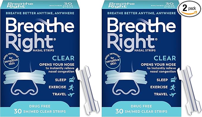 Breathe Right Original Nasal Strips | Clear | Sm/Med | for Sensitive Skin| Drug-Free Snoring Solution & Nasal Congestion Relief Caused by Colds & Allergies | 30 ct (Packaging May Vary) (Pack of 2)