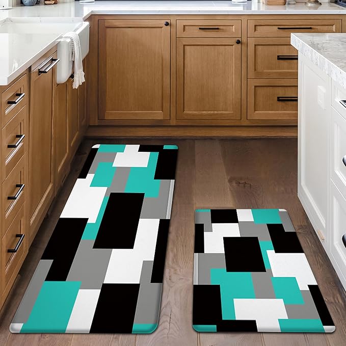 Teal Kitchen Rugs Set of 2 Cushioned Anti Fatigue Kitchen Mats for Floor Non-Slip Waterproof Kitchen Floor Mats Geometric Ergonomic Cushioned Comfort Standing Mat for Laundry, Office, Sink