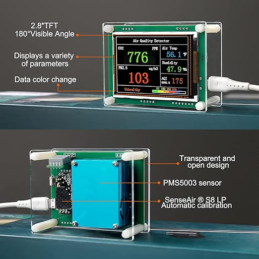 Indoor 5-in-1 Air Quality Monitor,CO2 Carbon Dioxide Detector,CO2 Monitor, pm2.5 pm10 pm1.0 Detector, Meter,Temperature and Humidity,for Grow Tents,Homes,Cars,Farm etc