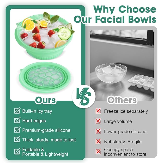 Face Bowl for Ice With Built-in Ice Tray Collapsible Silicone Facial Face Ice Bath Bowl Small Reusable Cold Plunge Basin is Portable,Perfect for Home Use,Camping,Travel Cold Bath Spa Tool & Green
