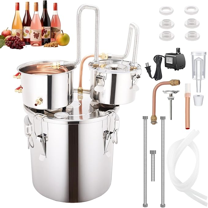 Shine Still 8 GAL 3 Pots Distillery Kit for Alcohol Stainless Steel Copper Tube Complete with Thumper Water Pump Metal Thermometer Fermentation Airlock Distilling for Whiskey, Brandy etc.