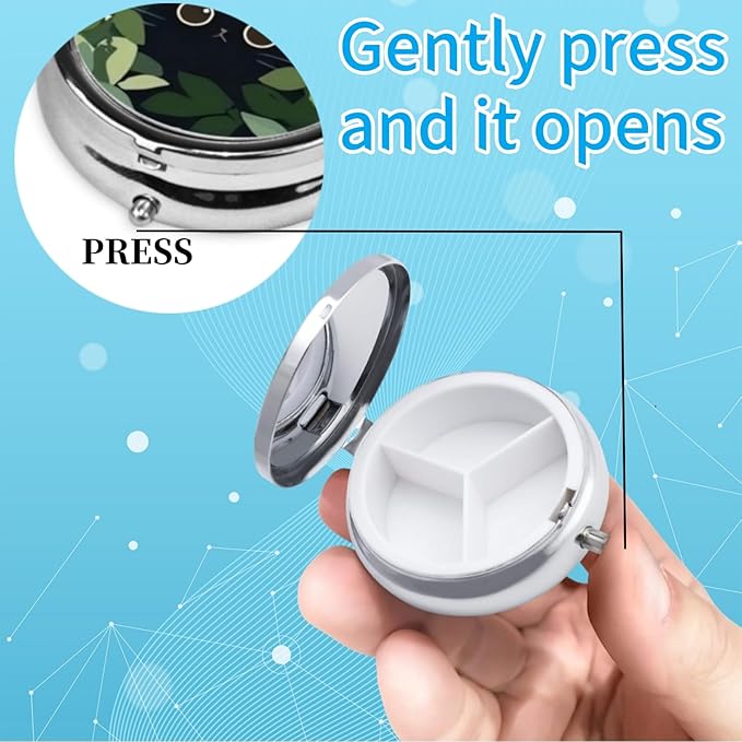 3 Compartment Travel Pill Case, Sealed Portable Pill Container for Pocket Purse, Mini Size Metal Pill Box, Three Times a Day Pill Organizer for Men, Women - The Black Cat in The Grass, Small