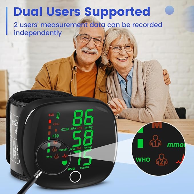 Digital Wrist Blood Pressure Monitor, Automatic BP Machine Large Tri Backlit Screen Rechargeable Pluse Rate Monitoring Meter Wrist Blood Pressure Monitor for Home Use,99X2 Reading Memory