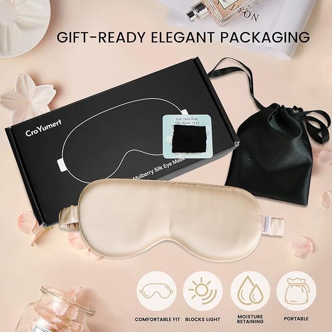 100% Pure Mulberry Silk Eye Mask - 22 Momme Adjustable Strap, Light Blocking, Silk Storage Bag & Gift Box - for Sleep/Travel/Gift, Sensitive Skin Friendly (Champagne)