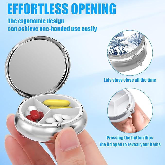 Pill Box, 3 Compartments Small Pill Case Travel Portable Metal Medicine Box with Mirror Mini Container for Purse Pocket Women Men（Starfish Seashell）