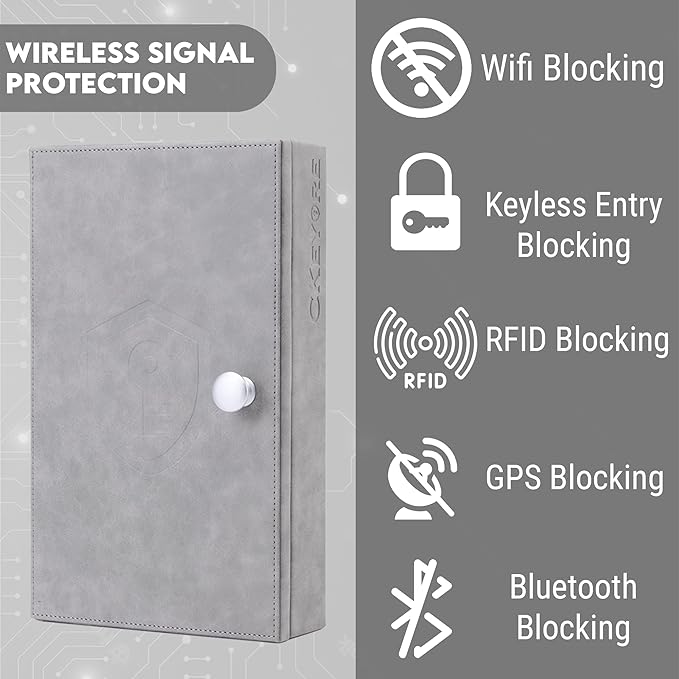 CKEYURE Premium XL PU Leather Faraday Box for Car Keys Wall Mount | Anti Theft Faraday Key Fob Protector | Faraday Cage | Car Key Holder | RFID Key Box | Key fob Signal Blocker (Grey)