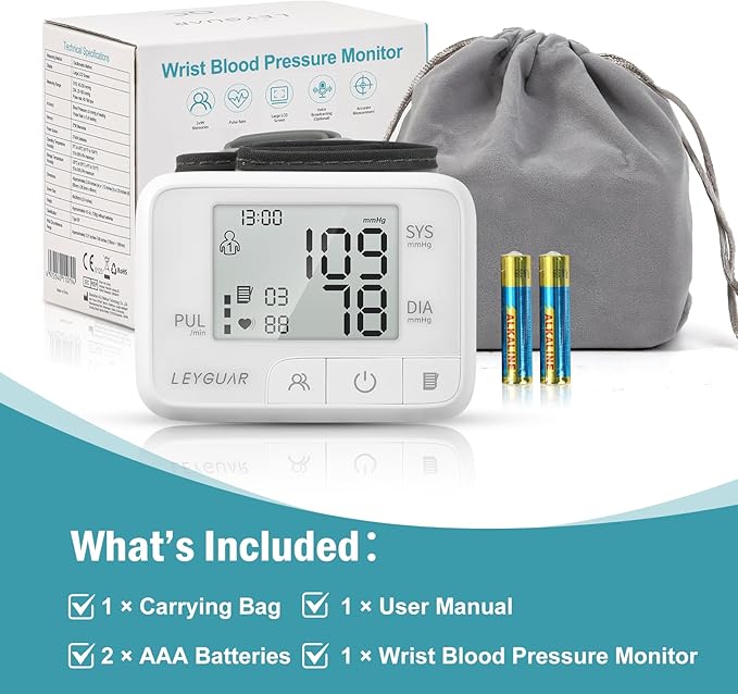 Wrist Blood Pressure Monitor – Digital BP Machine for Home Use, Large Display, Adjustable Cuff (5.3–7.6”), 99 Memory for 2 Users, Accurate & Portable Design, Portable Carrying Bag Included