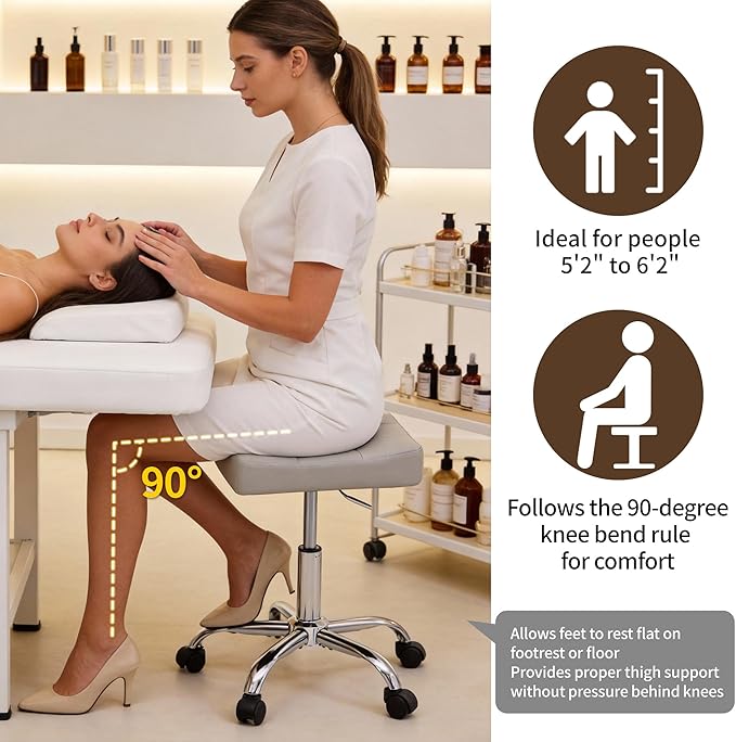 Saddle Stool with Wheels, Swivel Rolling Stools for Vanity, Adjustable Height Tattoo Stool 17"-21" (Gray)