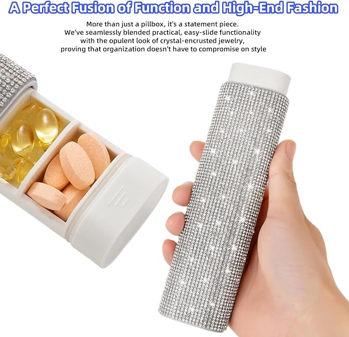 Pill Case for Purse Bling 7-Day Pill Organizer Weekly Compact Medicine Containers Travel Medication Box Holder for Traveling Women(White)