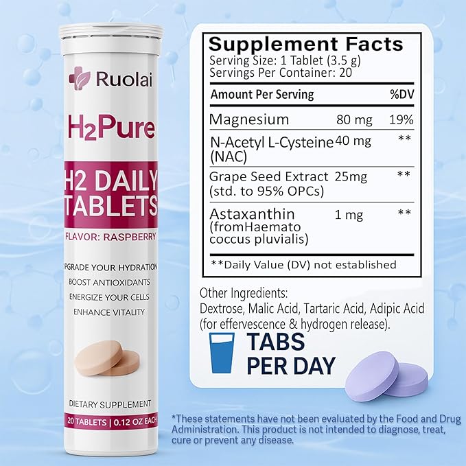 Ruolai H2pure Hydrogen Tablets – H2 Tabs – Fast-Dissolving Hydrogen Supplement for Cellular Hydration, Detox, Liver & Mental Clarity – Caffeine-Free, Vegan (Raspberry)