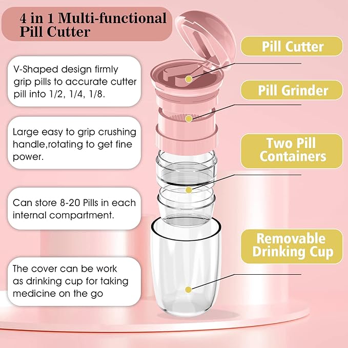 Pill Cutter Splitter with Dispenser, Pill Cutter for Small or Large Pills, Crushes Pills, Vitamins, Tablets, Stainless Steel Blade, Removable Drinking Cup (Pink-1)