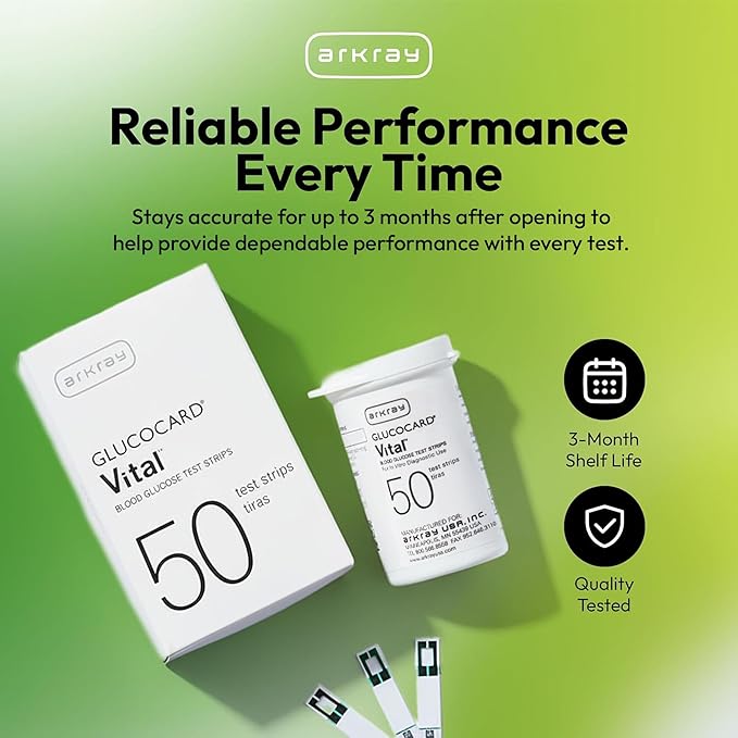 ARKRAY GLUCOCARD Vital Glucose Test Strips – No Coding Required, Fast 7-Second Results, 0.5 Microliter Sample Size – Compatible with GLUCOCARD Vital Blood Glucose Meter, 100 Count (2 Packs of 50)