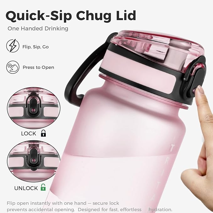 32oz Water Bottle with Chug Lid, Frosted & Clear Tritan BPA-Free, Leakproof, Wide Mouth, Portable Sports Water Bottle for Gym, Office, Travel, Outdoor (Pink)