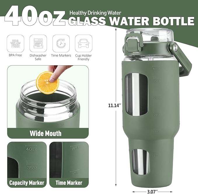 BLUEGO 40 oz Glass Water Bottle with Straw, Leakproof and Time Marker, Wide Mouth for Travel, Gym, Workout, Olive
