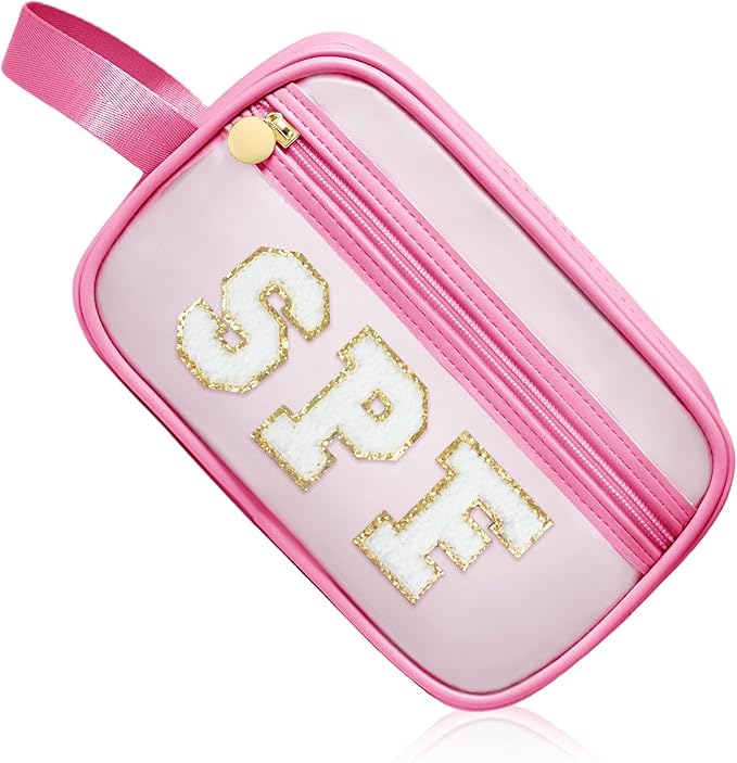COSHAYSOO Clear Sunscreen Bag Makeup Toiletries Pouch Beach Vacation Essentials Summer Travel Stuff Accessories Personalized Graduation Gifts for Her Women College Teen Girls Teacher Nurse Pink SPF