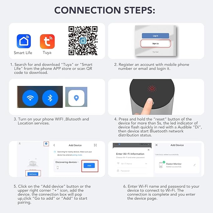 Life Basis Radon Detector for Home Basement, Smart Radon Monitor Fast Capture of Fluctuating Levels, Radon Tester Short & Long-Term Monitoring with Notifications - Connected Mobile App & WiFi