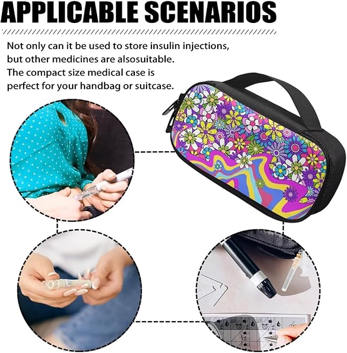 Hippie Flowers Purple Insulin Cooler Bag Water & Scratches Resistant Glucose Meter & Diabetic Supplies Travel Case to Store Insulin Pen, Lancets, Insulin Syringe