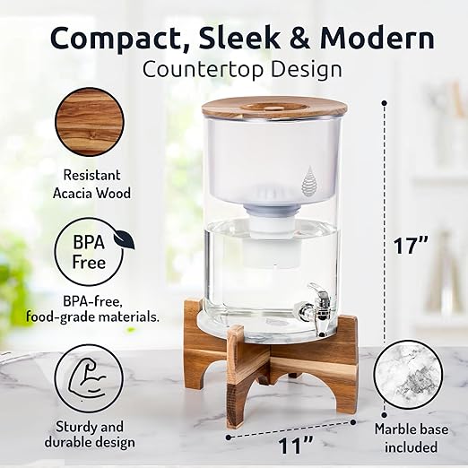 Invigorated Water pH Recharge Alkaline Water Filter Dispenser – BPA-Free Glass Countertop Water Filter Pitcher Purifier for Home & Office, 36-Cup Capacity, 360L Long Filter Life (Acacia/Marble)