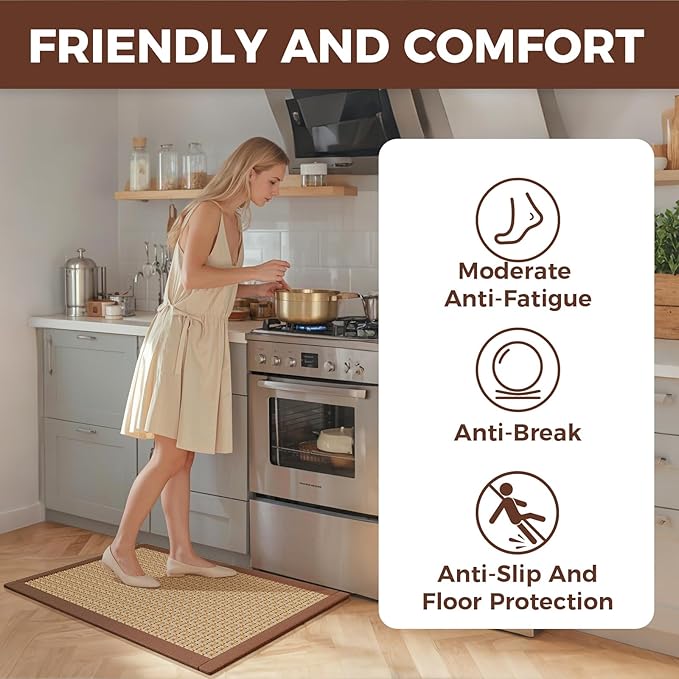 Kitchen Runner Rugs Non Slip Washable Anti Fatigue, Super Absorbent 0.4" Thick Cushioned Long Kitchen Mats for Floor, Jute-Look Sink Floor Mat Laundry Standing Mat, Easy Clean, Brown 17"x59"
