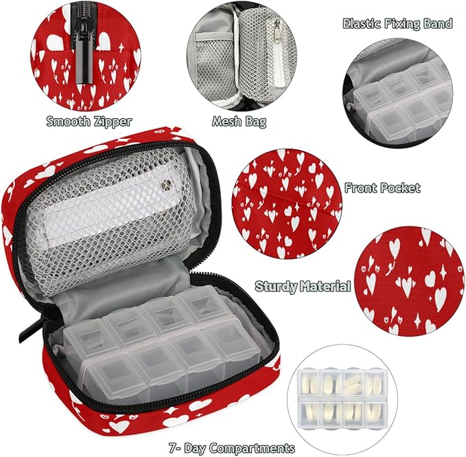 Abstract Red Heart Star Travel Pill Organizer Box Weekly Portable Pill Case Daily Pills 7 Day Small Birth Control Pills Container Removable Compartments for Medicine Vitamins Fish Oil