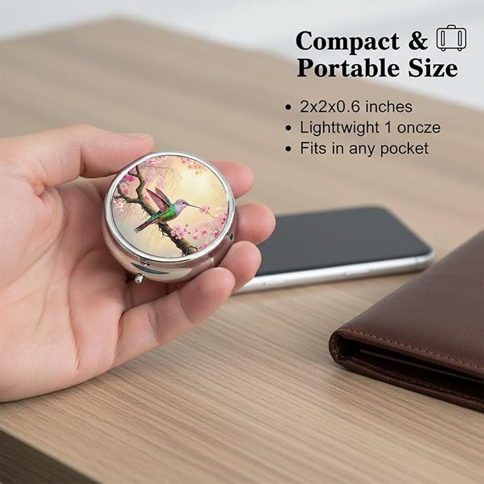 Round Pill Case Small Pill Box with Mirror Pocket 3 Compartment Vitamin Pill Medicine Case Organizer Pill Containers for Traveling Hummingbird Cherry Blossom