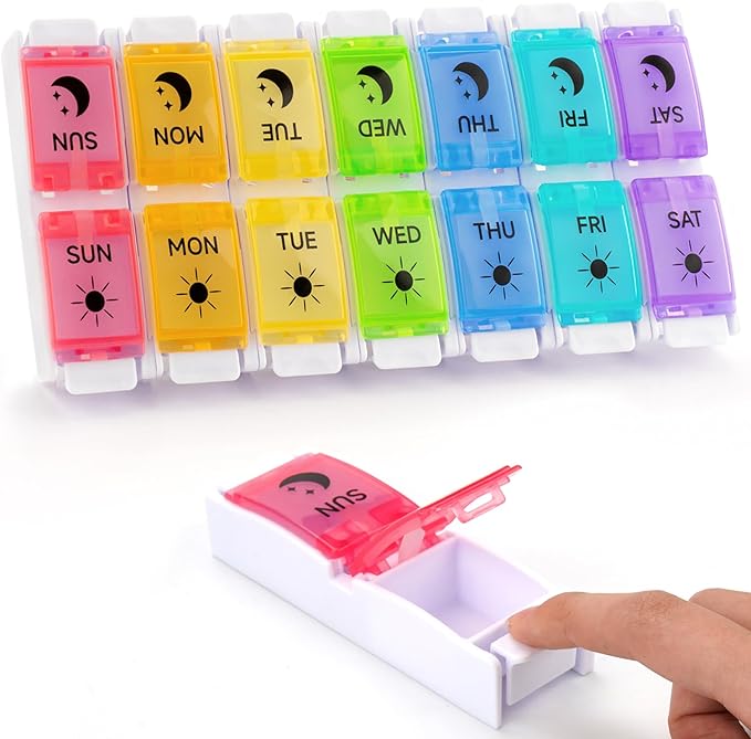 DailyRest Pill Organizer 2 Times a Day, 1 Pack Day Night Pill Case, Detachable Push Button Design, Large Compartment Weekly 7 Day Pill Box, Medicine Organizer for Fish Oil/Vitamins/Supplements