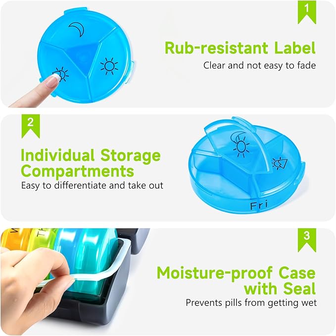 Weekly Pill Organizer 3 Times a Day, 2 Pack Travel Pill Box 7 Day, Daily AM/PM Pill Case Container, Portable Large Medicine Pill Organizer for Vitamin, Fish Oils, Supplements (Black)