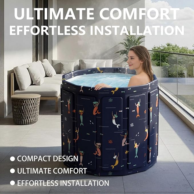 Portable Bathtub for Adult, Foldable Soaking Bathtub for Hot SPA&Ice Bath, Foldable Small Bathtub collapsible bathtub for Bathing, 6-layer Insulated portable tub,Space-saving (Blue Fish 25.9X31.5 IN)