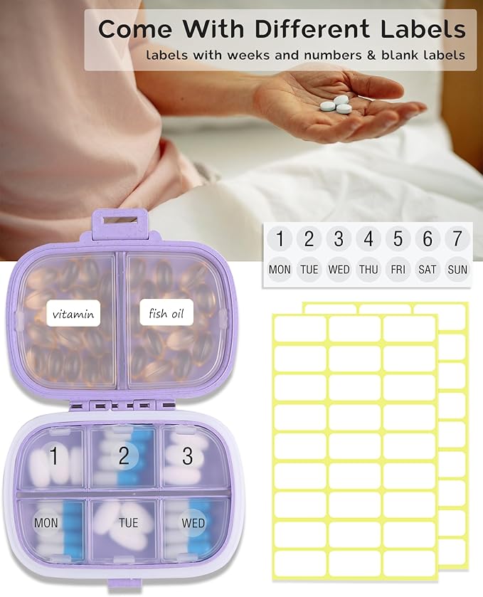 8 Compartments Travel Pill Organizer, Daily Pill Case Small Pill Box for Pocket Purse, Portable Pill Container Medicine Vitamin Organizer (Purple)