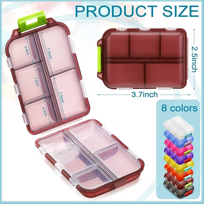 Mumufy 56 Pcs Travel Pill Organizer Bulk 10 Compartments Pocket Portable Pill Case Daily Box Dispenser for Vitamin Fish Oil Compartments Different Medicines, 8 Colors