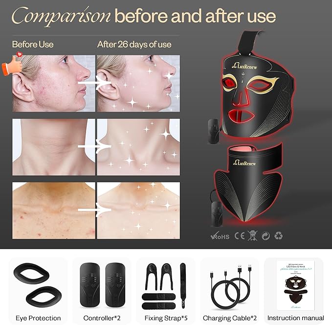 Red Light Therapy Mask Set, Led Mask Light Therapy for Face, Near-Infrared Light 850nm and Red Light 630nm, Black