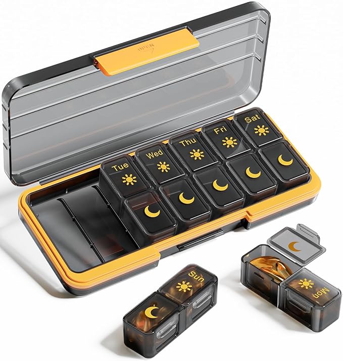 AM PM Pill Organizer 2 Times A Day, 7 Day Pill Box Weekly Pill Organizer Travel with Separate Container, Portable Daily Medicine Planner Dispenser Case for Vitamin, Fish Oils, Supplements（BlackGold）