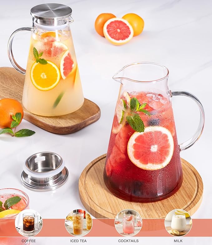 LUNA&MANTHA Glass Pitcher, 2 Liter 68oz Water Pitcher with lid and Handle, Large Ice Tea Jug for Fridge, Borosilicate Glass Carafe for Hot/Cold Drink, Juice, Coffee, Milk, Beverage