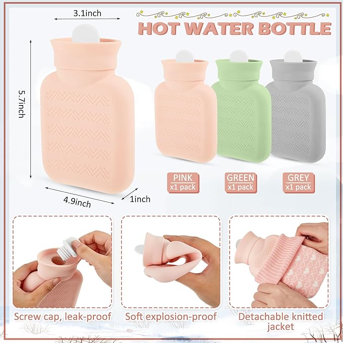 Amylove 3 Pcs Mini Hot Water Bottle for Hot & Cold Compress with Cover 320ml Silicone Microwave Heating Bottles Small Water Bag for Travel Holiday Gift(Gray, Pink, Green,Heart Print)