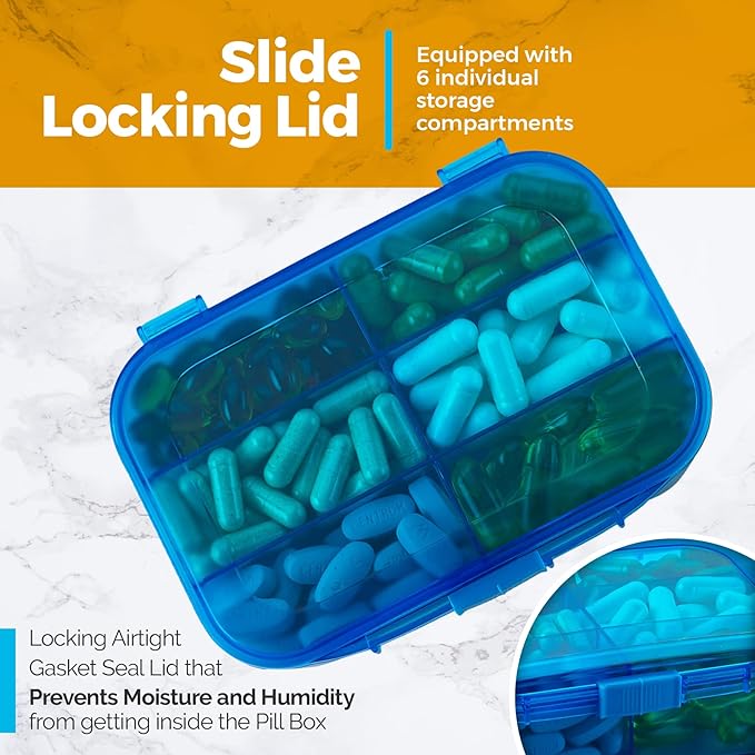 Pill Organizer Case - (Pack of 2) Portable 6 Compartment Daily Travel Medicine Reminder Box for Your Pills, Medications, Supplements, Vitamins and Fish Oils, Blue