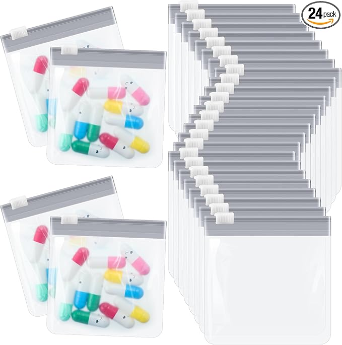 Handepo 24 Pieces Pill Pouch Bags Zippered Set Reusable Translucent Medicine Organizer Sealing Travel Plastic Bags with Slide Lock for Storage(Gray)