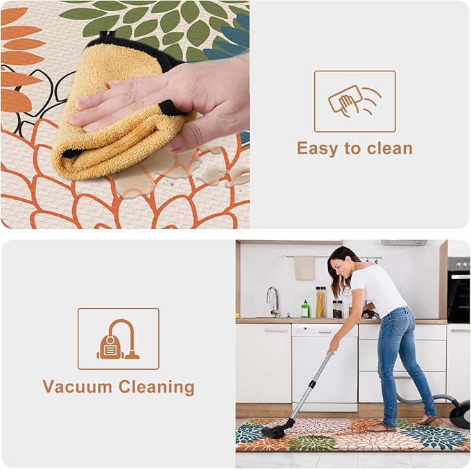 Kitchen Rugs and Mats Cushioned Anti Fatigue Kitchen Mat 2PCS Non-Skid Waterproof Kitchen Runner Rug Comfort Foam Standing Mat for Floors,Office,Laundry,Sink,Floral