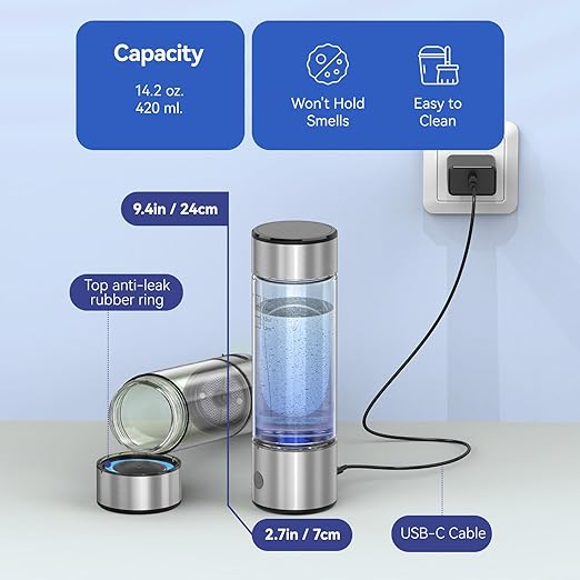 Hydrogen Water Bottle, 2200PPB in 3 Mins Hydrogen Water Generator, SPE PEM Technology, 14oz Portable Hydro Water Machine for Home, Travel, Gym | Best Health Gift for Family & Friends