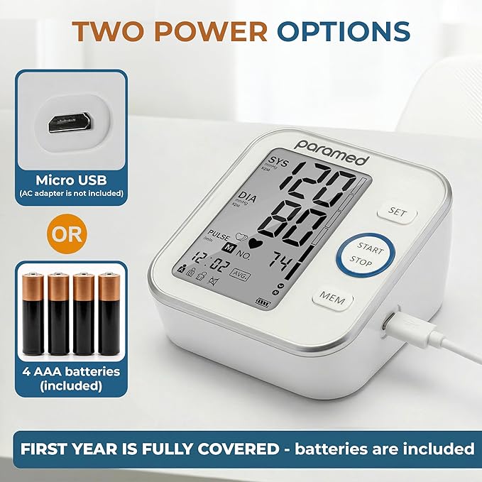 Paramed Blood Pressure Monitor - Bp Machine - Automatic Upper Arm Blood Pressure Cuff 8.7-16.5 inches - Large LCD Display 120 Sets Memory - Device Bag & Batteries Included