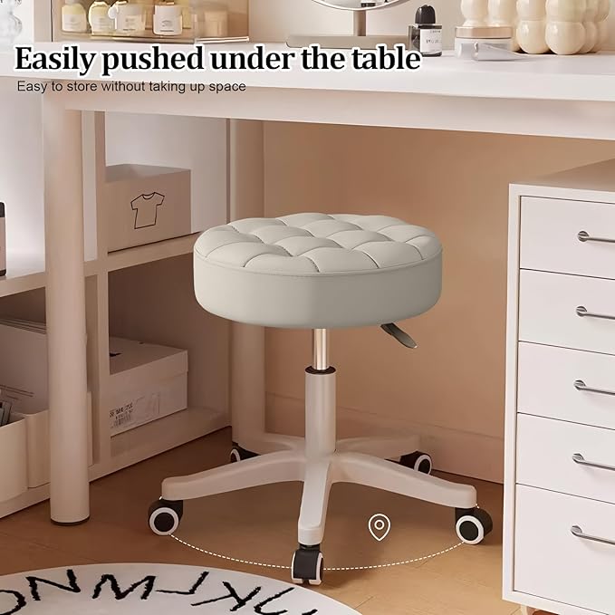 Small Rolling Stool with Wheels, PU Leather Height Adjustable Vanity Work Task Stool, 360 Swivel, Padded Seat Cushion,for Salon, Home, Office