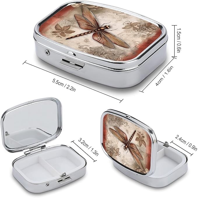 Dragonfly Bee Pill Box 2 Compartment Square Pill Case with Mirror Metal Pill Organizer Travel Pillbox Mini Medicine Storage Box for Pocket Purse