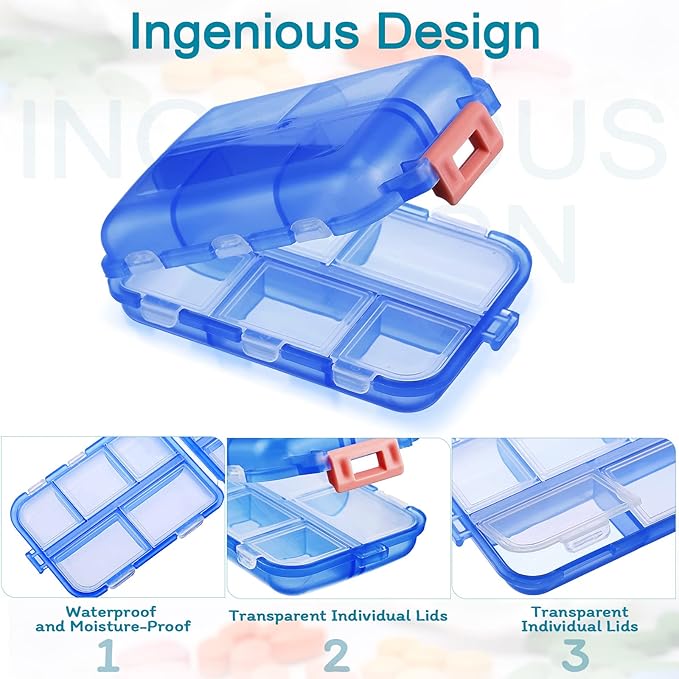 Mumufy 56 Pcs Travel Pill Organizer Bulk 10 Compartments Pocket Portable Pill Case Daily Box Dispenser for Vitamin Fish Oil Compartments Different Medicines, 8 Colors