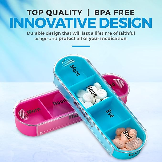 Weekly Travel Pill Organizer - (Pack of 2) Medication Wallet Pill Box Reminders, Pill Container Dispenser Case, Vitamin Caddy Organizer, for 4 Times A Day, 7 Days a Week
