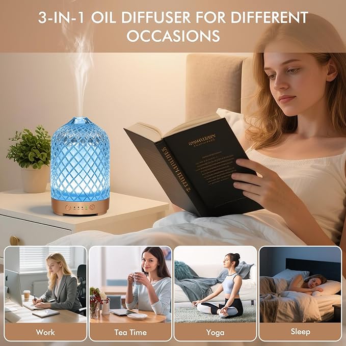 Essential Oil Diffuser 200ml-Ultrasonic Aroma Diffuser with 4 Timers, Aromatherapy Diffuser 7 Color LED Lights Auto Shut-Off Protection for Home Office (Rhombus-Glass)