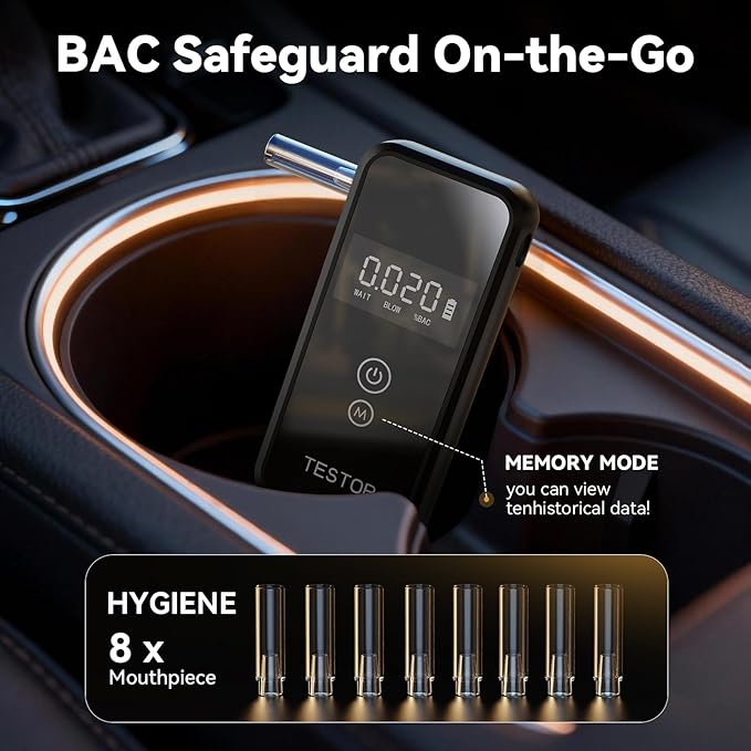 Breathalyzer, 2026 Advanced High-Accuracy Personal Breathalyzers for Alcohol, Portable Handheld Digital Alcohol Breathalyzer Tester for Home & Travel Use/8 Mouthpieces