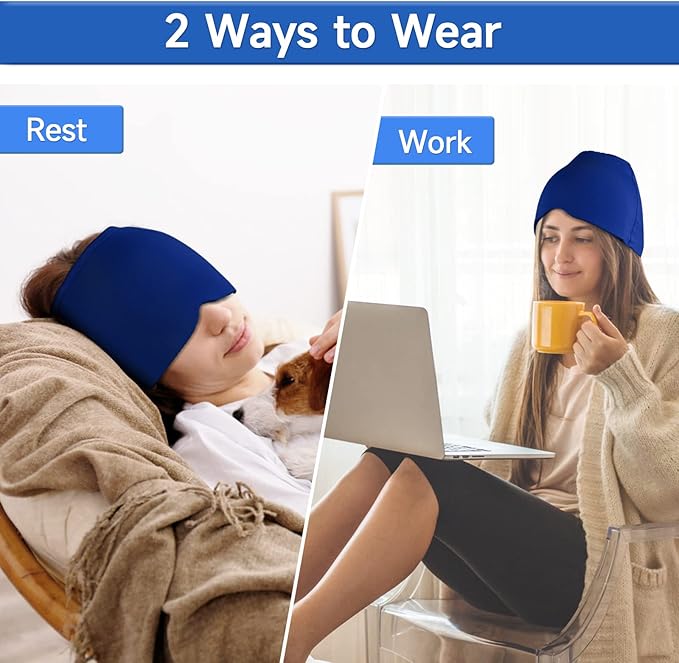 Wearable Ice Cap for Migraines, Headache Relief Hat for Tension Sinus Headache Eye Fatigue Fever Relief, One-Piece Design Fit All Head Ice Pack Cap, Hot Cold Compressed Therapy Head Migraine Hat(Blue)