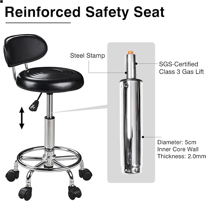 VECELO Salon Rolling Stool, Spa Chair with Backrest, Hydraulic Height Adjustable from 19.7" to 25.8" with 300 lb Capacity, for Salon, Spa, Lab (Black)