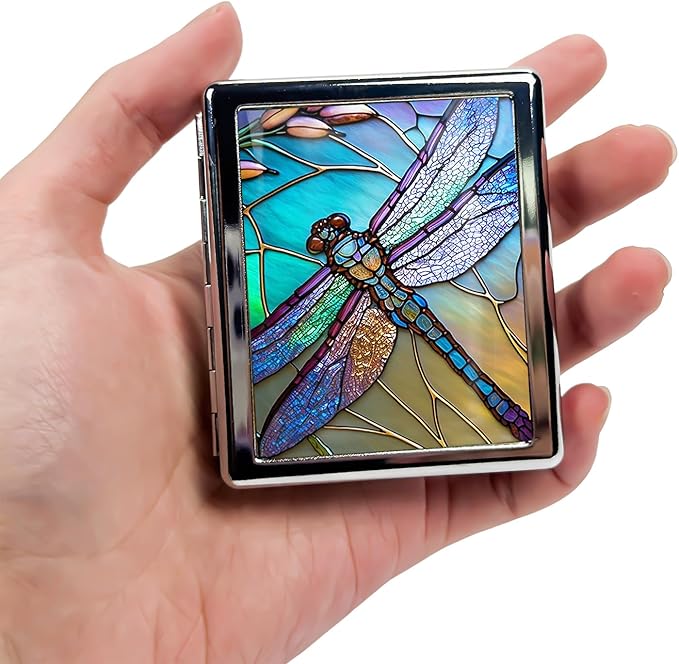 Travel Pill Organizer Small Pill Case for Purse Essentials 7 Days Cute Pill Box with Mirror Portable Pill Box for Pocket or Purse Pill Containe Travel Gifts (Art Dragonfly Stained Glass)